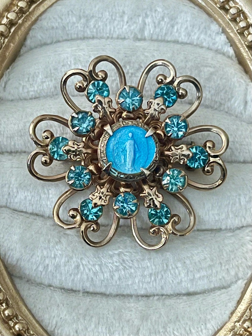 Vintage 1950’s Mary Brooch Immaculate Conception Blue Rhinestone Religious